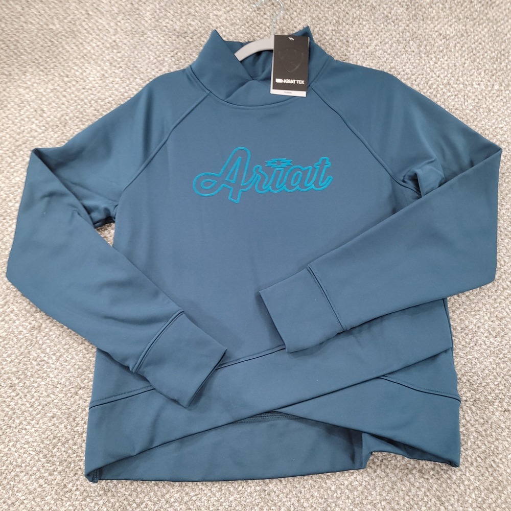 Ariat Tek Womens Crossover Sweatshirt Teal Blue Logo Funnel Neck Small NEW NWT‎